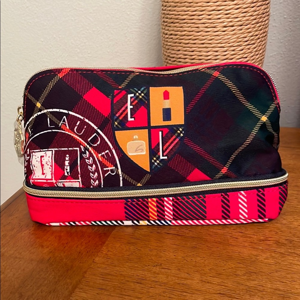 NEW 2024 Estée Lauder Plaid Limited Edition Two Zipper Cosmetic Bag Makeup Case